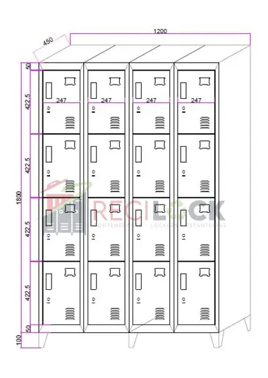 Locker metálico: 4 cuerpos y 16 puertas